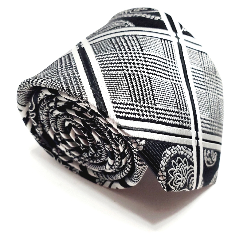 Hi Tie Necktie Black & Silver Geometric Silk Tie Jacquard Fabric 57x3.25"